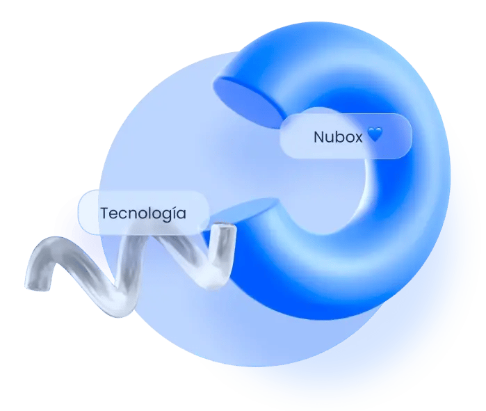 Gráfico 3D con un lazo azul y plateado, con etiquetas de texto que dicen 'Nubox' con un corazón azul y 'Tecnología'