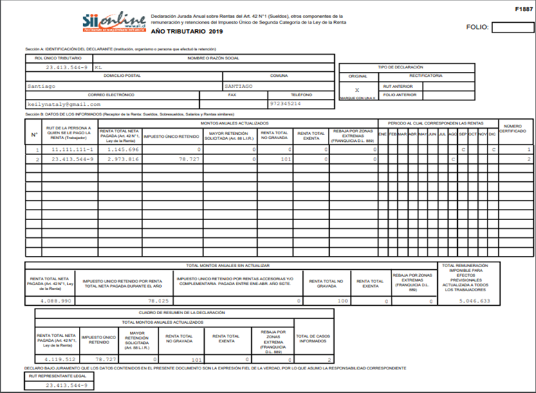 Modelo de DDJJ emitida desde el sistema de contabilidad de Nubox